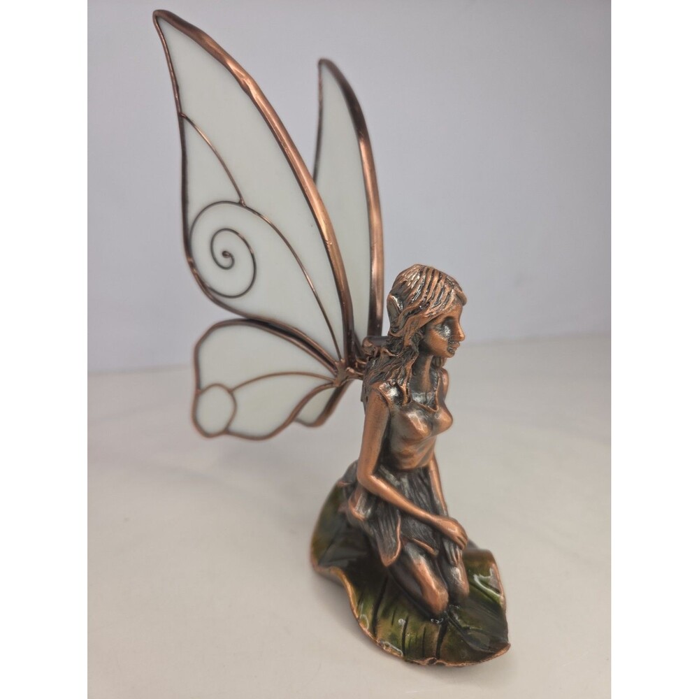 Heavy Vintage Tiffany-Style Stained Glass Wings Fairy Figurine Solid Metal EUC
